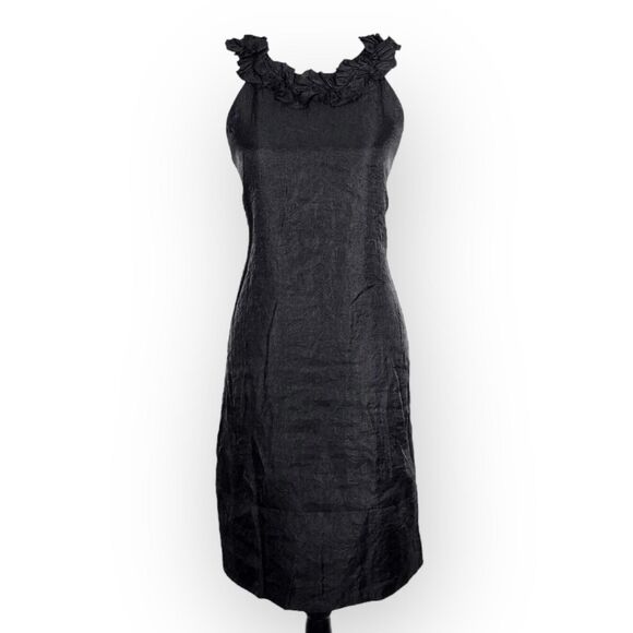 London Times Shimmery Black Sheath Dress Ruffle Neck | Size 6 - Picture 1 of 7